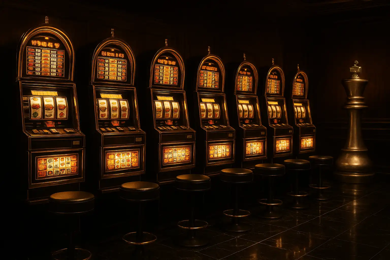 File di eleganti slot machine allineate contro una parete in legno scuro sotto un pezzo degli scacchi dorato